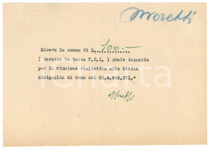 Autografo originale 1938 CICLISMO COMO Ricevuta Carlo MORETTI  Stadio Sinigaglia AUTOGRAFO 1