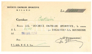 Autografo originale 1940 CICLISMO MILANO Ricevuta Fabio BATTESINI  Ingaggio VIGORELLI  AUTOGRAFO 1