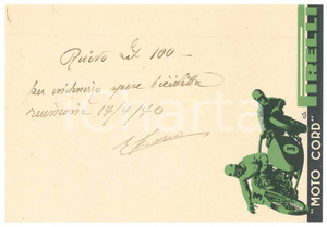 Autografo originale 1940 CICLISMO Autografo Elia FROSIO su ricevuta PIRELLI moto cord 1