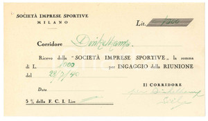 Autografo originale 1940 CICLISMO MILANO Ricevuta Giuseppe OLMO  Ingaggio VIGORELLI  AUTOGRAFO 1