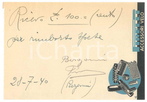Autografo originale 1940 CICLISMO Autografo Primo BERGOMI su ricevuta PIRELLI accessori velo 1