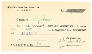 Autografo originale 1940 CICLISMO MILANO Ricevuta Severino RIGONI  Ingaggio VIGORELLI  AUTOGRAFO 1