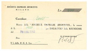 Autografo originale 1940 CICLISMO MILANO Ricevuta Alfredo BOVET  Ingaggio VIGORELLI  AUTOGRAFO 1