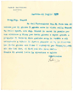 Autografo originale 1938 CICLISMO MANTOVA Lettera Fabio BATTESINI per prossima riunione  AUTOGRAFO 1