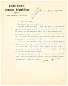 Documento originale, autentico 1938 TORINO CICLISMO SocietÃ  Incremento Motovelodromo  Lettera Giovanni GALLI 1