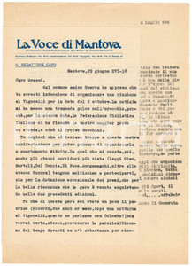 Documento originale, autentico 1938 LA VOCE DI MANTOVA Lettera Francesco CARLI pro Trofeo Moschini AUTOGRAFO 1