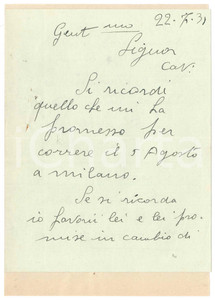 Autografo originale 1938 CICLISMO BOLOGNA Lettera Bruno LOATTI per ottenere una gara  AUTOGRAFO 1