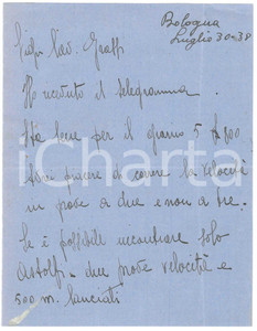 Autografo originale 1938 CICLISMO BOLOGNA Lettera Bruno LOATTI per gara a due  AUTOGRAFO 1
