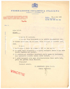 Manoscritto, lettera originale 1941 CICLISMO ROMA CONI Mario FERRETTI su spese allenatori e atleti AUTOGRAFO 1