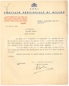 Documento originale, autentico 1941 MILANO CONI Emilio COLOMBO per convegno con Giacomo GRASSI e Adriano RODONI 1