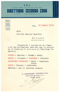 Documento originale, autentico 1940 F.C.I. CICLISMO MILANO Direttorio Seconda Zona Giuria in servizio 1