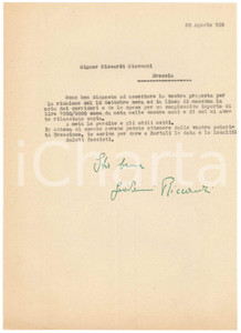 Autografo originale 1938 CICLISMO BRESCIA Lettera per gara Bartali  Autografo Gino RICCARDI manager 1