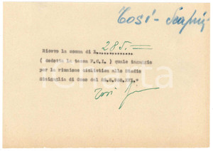 Autografo originale 1938 CICLISMO COMO Ricevuta Angelo TOSI  Stadio Sinigaglia AUTOGRAFO 1
