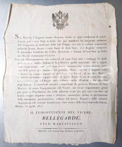 Documento originale, autentico 1815 MILANO Regno LombardoVeneto  Generale BELLEGARDE luogotenente del vicerÃ¨ 1