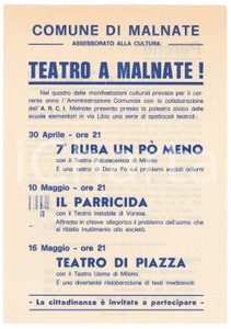 Materiale pubblicitario d’epoca 1975 TEATRO MALNATE  Palestra scuole via Libia  Locandina spettacoli 1