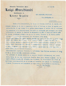 Documento originale, autentico 1929 LOANO SV Luigi MARCHIANDI lavorazione pesce  Lettera per merce mancante 1