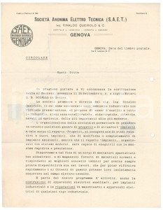 Manoscritto, lettera originale 1924 GENOVA SocietÃ  Anonima Elettro Tecnica S.A.E.T.  Costituzione societÃ 1