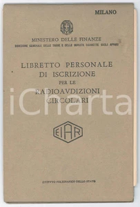 Documento originale, autentico 1938 MILANO EIAR Radioaudizioni circolari  Vittorio TORRIANI Libretto personale 1