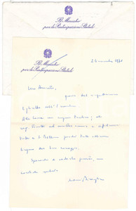 Autografo originale 1978 ROMA Lettera Antonio BISAGLIA Ministro Partecipazioni Statali  AUTOGRAFO 1