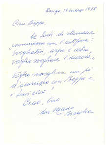 Autografo originale 1978 ROVIGO Don Mario BISAGLIA Voglio risvegliare amicizia  Autografo 1