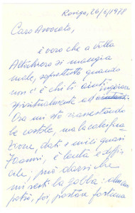 Autografo originale 1978 ROVIGO Lettera don Mario BISAGLIA in convalescenza  Autografo 1