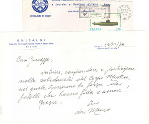 Autografo originale 1979 UNITALSI ROVIGO Lettera Don Mario BISAGLIA a un amico Autografo 1