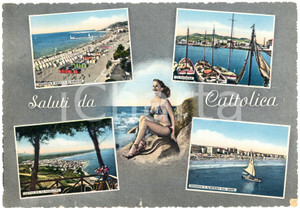 Cartolina originale da collezione 1956 CATTOLICA RN Vedutine con PINUP in bikini  Cartolina FG VG 1