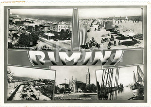 Cartolina originale da collezione 1953 RIMINI Hotel MOCAMBO Spiaggia  Chiesa Maria Ausiliatrice  Cartolina FG VG 1