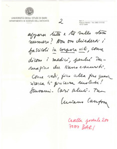 Autografo originale 1984 BARI Luciano CANFORA chiede bibliografia a un collega Autografo 1