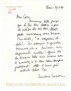 Autografo originale 1984 BARI Lettera Luciano CANFORA  Mancata gita a Murren  Autografo 1