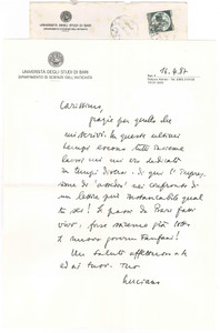 Autografo originale 1987 BARI Luciano CANFORA ringrazia per le recensioni ricevute Autografo 1