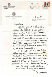 Autografo originale 1988 BARI Luciano CANFORA  Ringraziamenti per libri ricevuti AUTOGRAFO 1