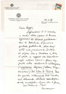 Autografo originale 1989 BARI Lettera Luciano CANFORA su Sebastiano SAGLIMBENI AUTOGRAFO 1