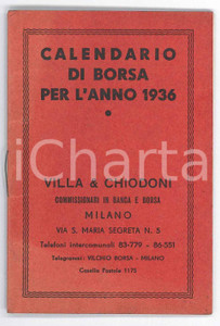 Oggetto da collezione cartaceo 1936 MILANO via S. Maria Segreta  VILLA & CHIODONI  Calendario di Borsa 1