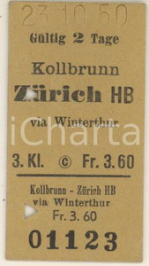 Documento originale, autentico 1950 SWITZERLAND Treno KOLLBRUNNZURICH  Biglietto 1