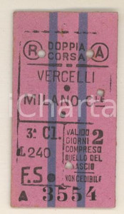 Documento originale, autentico 1946 FERROVIE DELLO STATO Treno VERCELLIMILANO Centrale  Biglietto 1