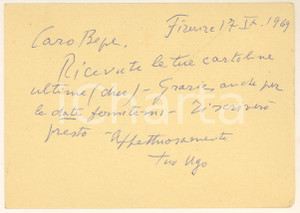 Autografo originale 1969 FIRENZE Prof. Ugo STOPPATO  Cartolina postale AUTOGRAFO 1
