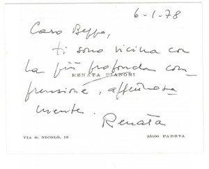 Autografo originale 1978 PADOVA  Renata PIANORI  Biglietto per condoglianze  Autografo 1