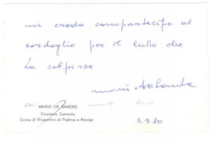 Autografo originale 1980 PADOVA Mario DE SANDRE Direttore Cassa di Risparmio  Biglietto AUTOGRAFO 1