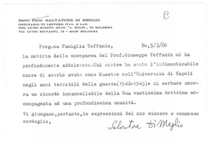 Autografo originale 1980 BOLOGNA Biglietto Salvatore ID MEGLIO per condoglianze AUTOGRAFO 1