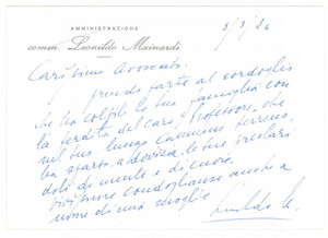 Autografo originale 1980 PADOVA Biglietto comm. Leonildo MAINARDI per condoglianze AUTOGRAFO 1