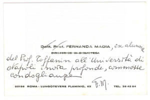 Autografo originale 1975 ca ROMA Fernanda MADIA direttrice biblioteca  Biglietto autografo 1