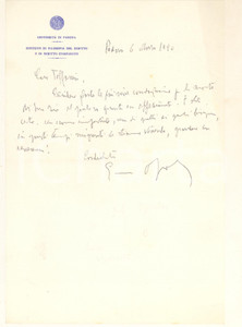 Autografo originale 1980 UNIVERSITA  DI PADOVA Lettera Enrico OPOCHER per condoglianze Autografo 1