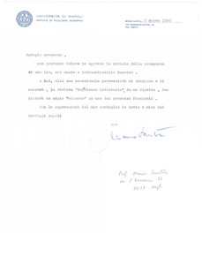 Autografo originale 1980 UNIVERSITA  DI NAPOLI Lettera prof. Mario SANTORO  Condoglianze AUTOGRAFO 1