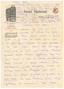 Manoscritto, lettera originale 1934 URSS MOSCOW Hotel National  Lettera d amore su carta intestata 1