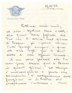 Manoscritto, lettera originale 1935 ROMA  GRAND HOTEL  Lettera d amore su carta intestata 1