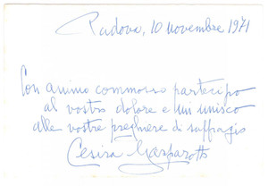 Autografo originale 1971 PADOVA Cesira GASPAROTTO  Biglietto condoglianze  AUTOGRAFO 1
