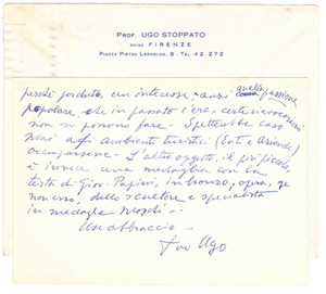 Autografo originale 1969 FIRENZE Biglietto Ugo STOPPATO per dono a un amico AUTOGRAFO 1