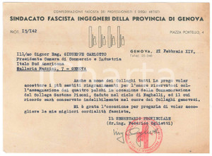 Documento originale, autentico 1936 GENOVA Sindacato Fascista INGEGNERI  Ringraziamento Federico OGLIETTI 1