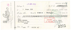 Oggetto da collezione cartaceo 1959 BOLOGNA  Ditta CREA Prodotti cosmesi e tricocosmesi Assegno pubblicitario 1